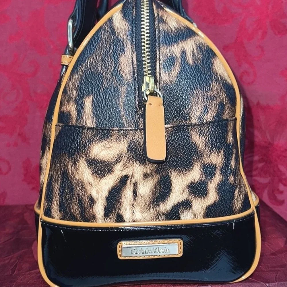 Calvin Klein Leopard Print Satchel Bag Black‎ Patent Trim Gold Hardware Handbag